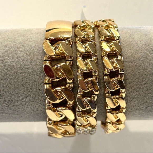 NWT ALDO Set of 3 Bracelets gold tone stretch - ID style, clear rhinestones - Picture 6 of 14
